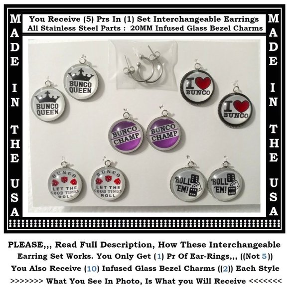 5/$20 BUNCO Dice Game Party Fun - Interchangeable Charm Earrings-5 Pairs in Set - Picture 1 of 7